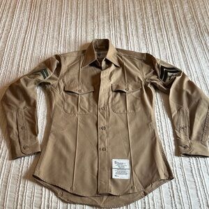 USMC Wool Long Sleeve Tan Military Button Down 14 x 31 Khaki